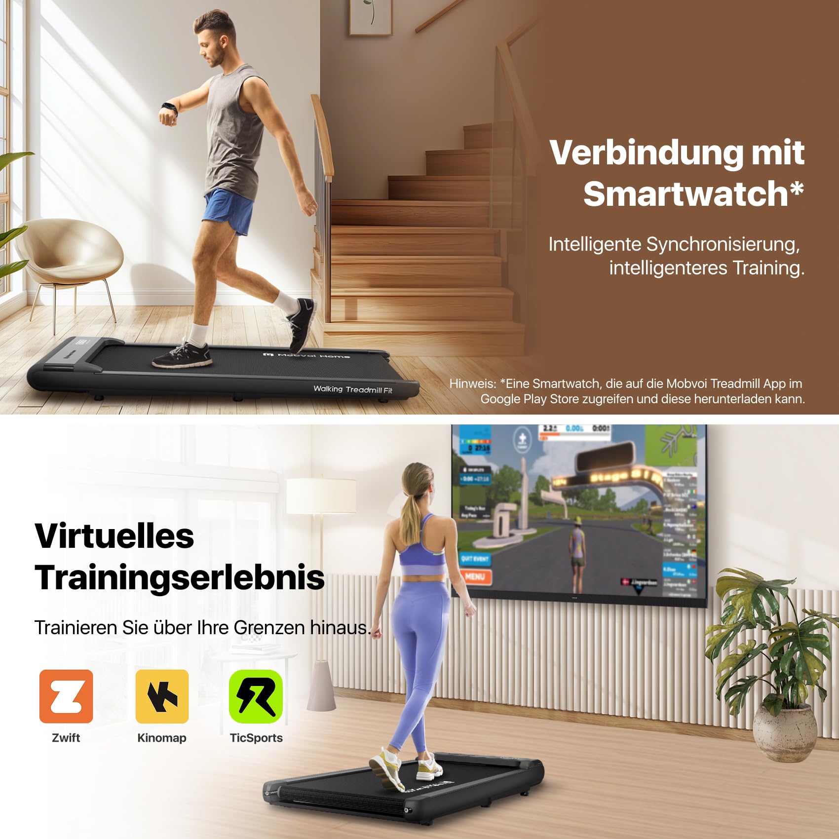 Mobvoi Walking Pad Intelligente KI Untertisch-Laufband, Tragbar, klein, 2-in-1-Laufbänder für Zuhause und Büro, Walking-Jogging-Laufband, TicSports Zwift Kinomap, Fernbedienung, 6 km/h, Platzsparend