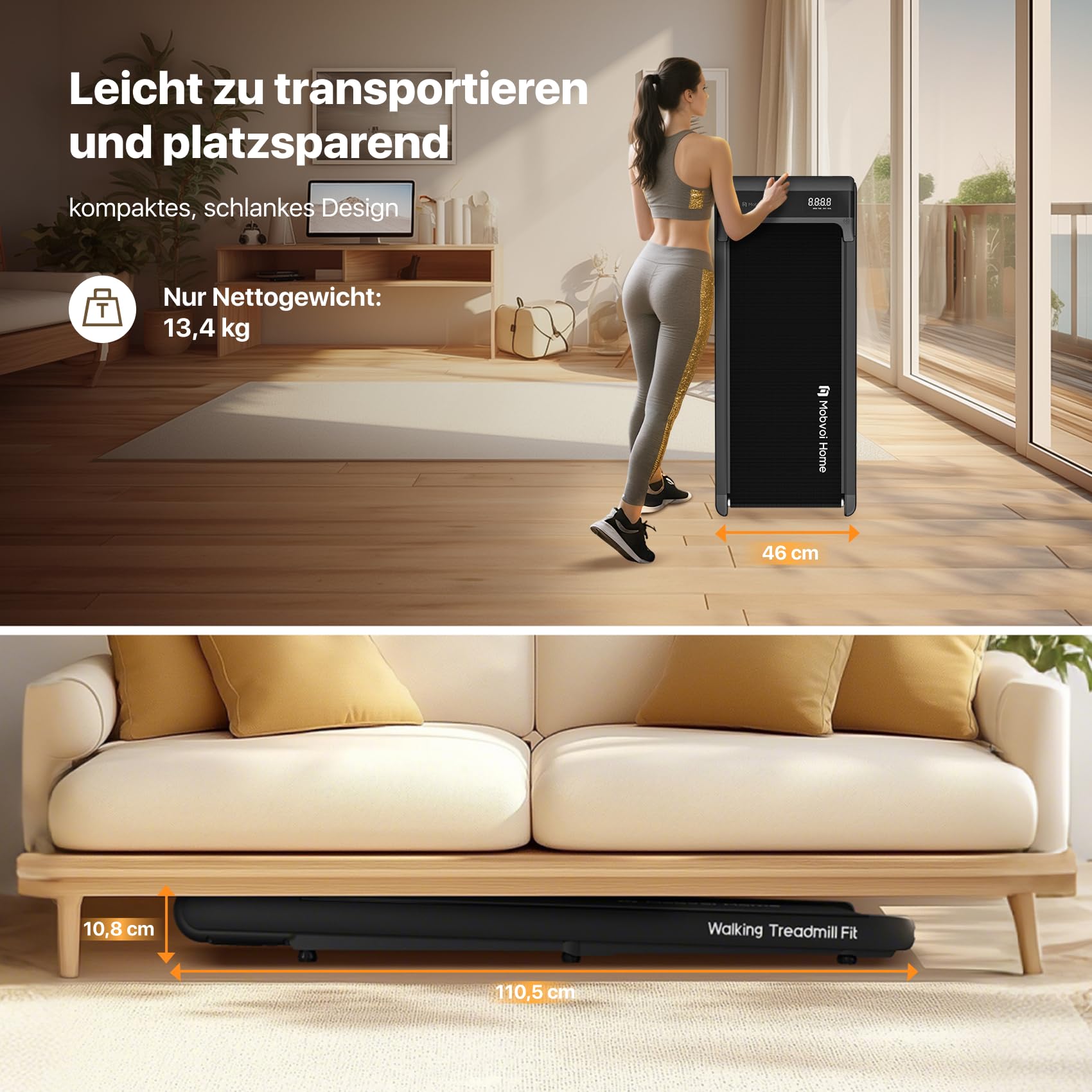Mobvoi Walking Pad Intelligente KI Untertisch-Laufband, Tragbar, klein, 2-in-1-Laufbänder für Zuhause und Büro, Walking-Jogging-Laufband, TicSports Zwift Kinomap, Fernbedienung, 6 km/h, Platzsparend